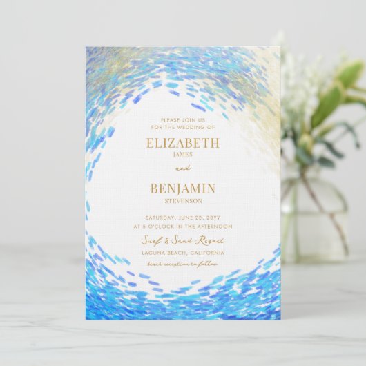 Modern Blue Gold Splash Surfer Wave Beach Weddensc Kaart (Staand voorkant)