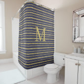 Modern Blue Gold Striped Monogramed Douchegordijn (In situ)