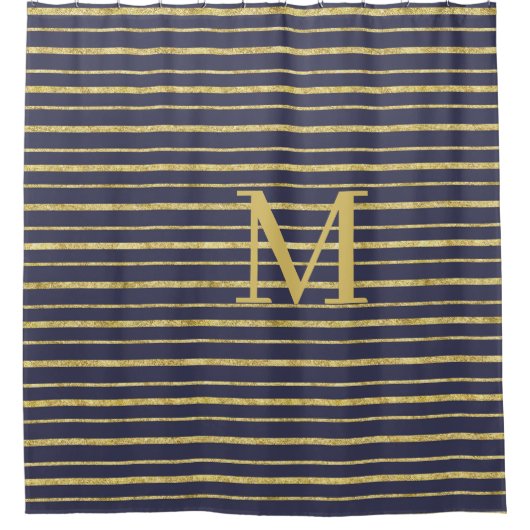 Modern Blue Gold Striped Monogramed Douchegordijn (Voorkant)