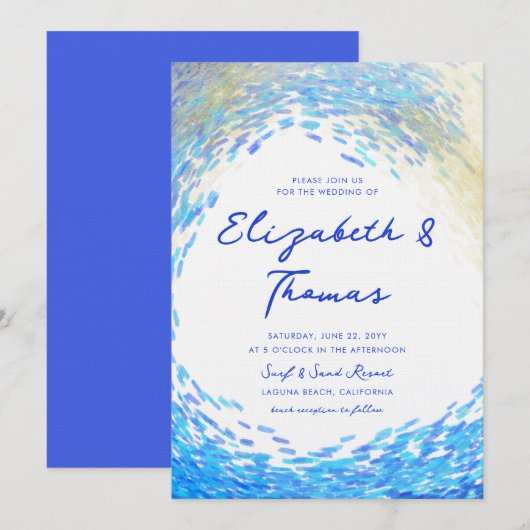 Modern Blue Gold Surfer Wave Elegant Beach Wedding Kaart (Voorkant / Achterkant)