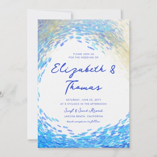 Modern Blue Gold Surfer Wave Elegant Beach Wedding Kaart (Voorkant)