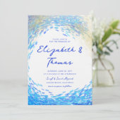 Modern Blue Gold Surfer Wave Elegant Beach Wedding Kaart (Staand voorkant)