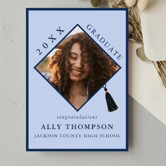 Modern Blue Graduation Cap Photo Announcement Kaart