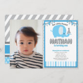 Modern Blue Gray Elephant First Birthday Foto Kaart (Voorkant / Achterkant)