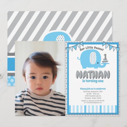 Modern Blue Gray Elephant First Birthday Foto Kaart (Voorkant / Achterkant)