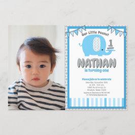 Modern Blue Gray Elephant First Birthday Foto Kaart