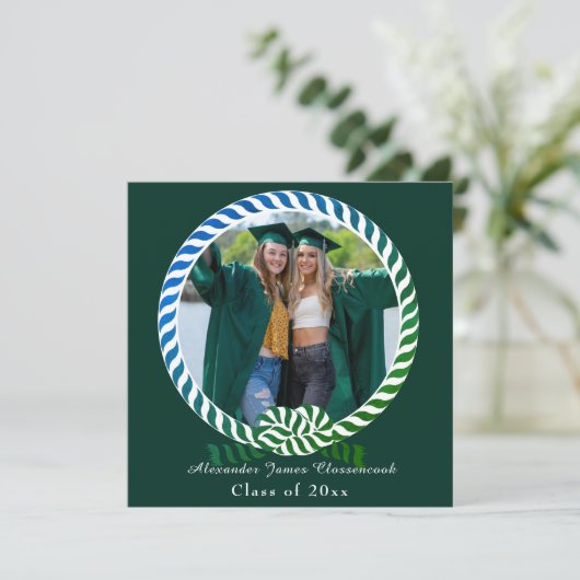 Modern Blue Green 1 Photo Afstuderen Aankondiging (Staand voorkant)