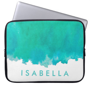 Modern Blue Green Blauwgroen Waterverf Name Elegan Laptop Sleeve