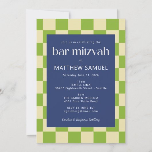 Modern Blue Green Checkerboard Bar Mitzvah RSVP Kaart (Voorkant)