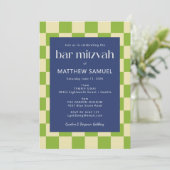 Modern Blue Green Checkerboard Bar Mitzvah RSVP Kaart (Staand voorkant)