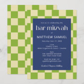 Modern Blue Green Checkerboard Bar Mitzvah RSVP Kaart (Voorkant / Achterkant)