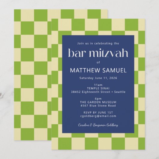Modern Blue Green Checkerboard Bar Mitzvah RSVP Kaart (Voorkant / Achterkant)