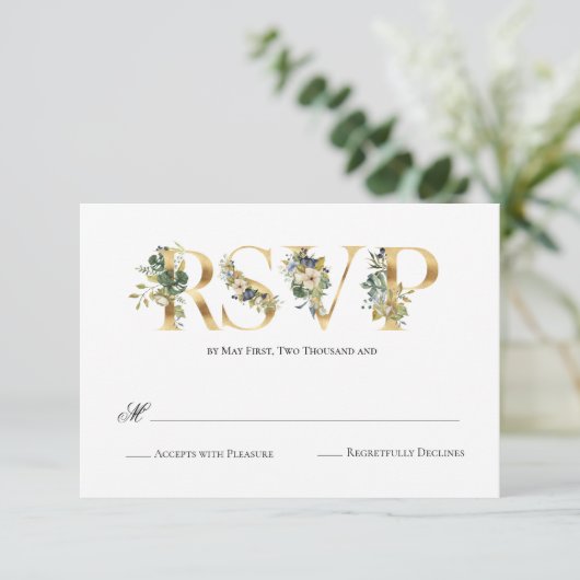 Modern Blue & Green Floral Wedding RSVP (Staand voorkant)