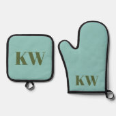 Modern Blue Green Monogram Initialen op maat Ovenwant & Pannenlap Set (Voorkant)