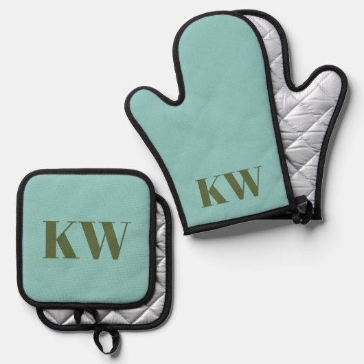 Modern Blue Green Monogram Initialen op maat Ovenwant & Pannenlap Set (Voorkant / Achterkant)