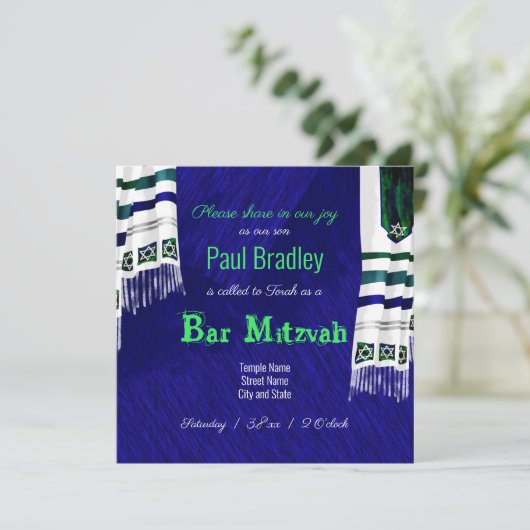 Modern Blue, Green Tallit Bar Mitzvah Uitnodiging (Staand voorkant)