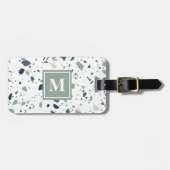 Modern Blue Green Terrazzo Marble Monogram Bagagelabel (Voorkant horizontaal)