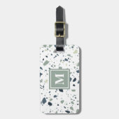 Modern Blue Green Terrazzo Marble Monogram Bagagelabel (Voorkant verticaal)