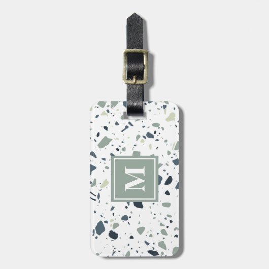 Modern Blue Green Terrazzo Marble Monogram Bagagelabel (Voorkant verticaal)