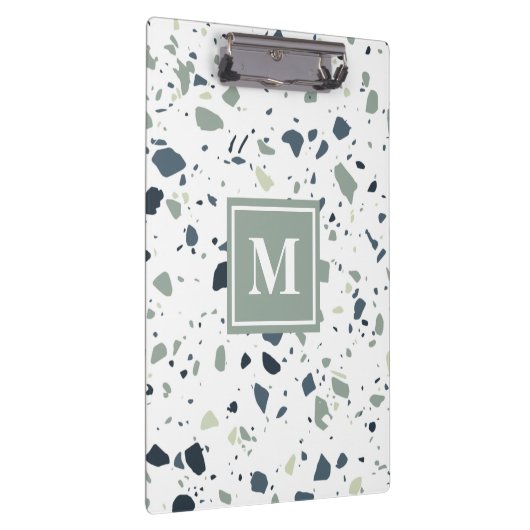 Modern Blue Green Terrazzo Marble Monogram Klembord (Rechts)