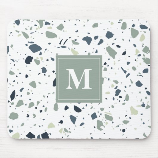 Modern Blue Green Terrazzo Marble Monogram Muismat (Voorkant)