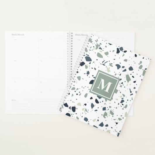 Modern Blue Green Terrazzo Marble Monogram Planner (Display)