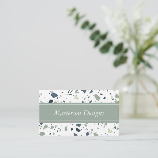 Modern Blue Green Terrazzo Marble Monogram Visitekaartje (Staand voorkant)