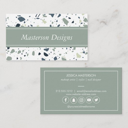 Modern Blue Green Terrazzo Marble Monogram Visitekaartje (Voorkant / Achterkant)