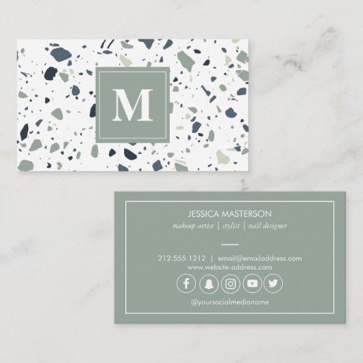 Modern Blue Green Terrazzo Marble Monogram Visitekaartje (Voorkant / Achterkant)
