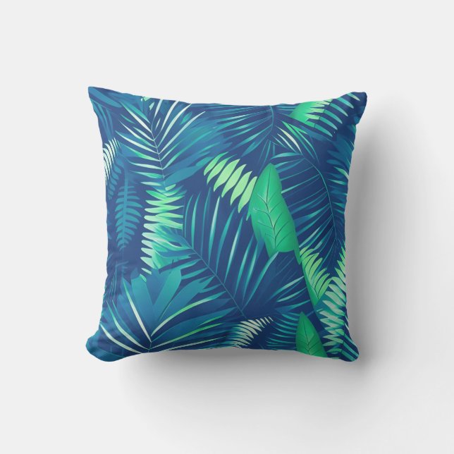 Modern Blue Green Tropical Leaves Pattern Buitenkussen (Voorkant)