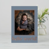Modern Blue Grey Hallo World Foto Birth Folie Uitnodiging (Staand Voorkant)