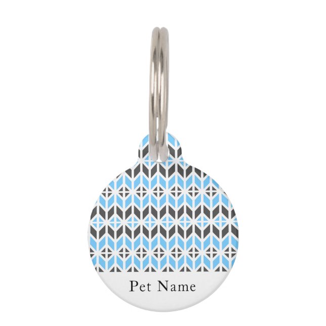 Modern Blue Grey Herringobone Geometrische naam Huisdierpenning (Voorkant)