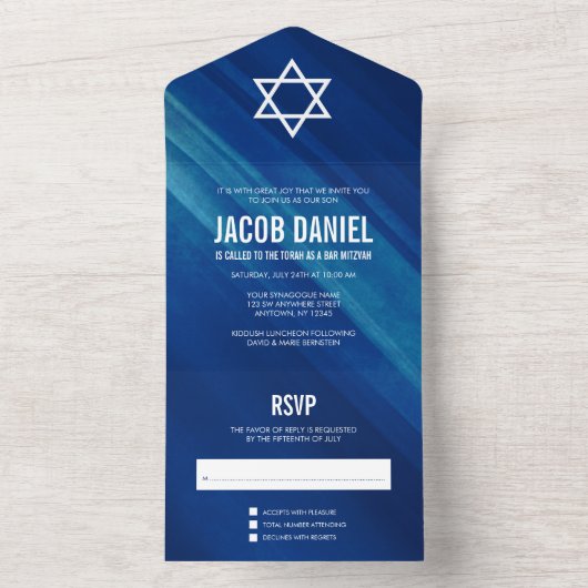 Modern Blue Grunge Bar Mitzvah All In One Uitnodiging (Binnen)