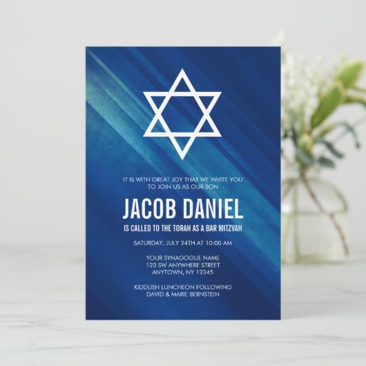 Modern Blue Grunge Bar Mitzvah Invitaties Kaart (Staand voorkant)
