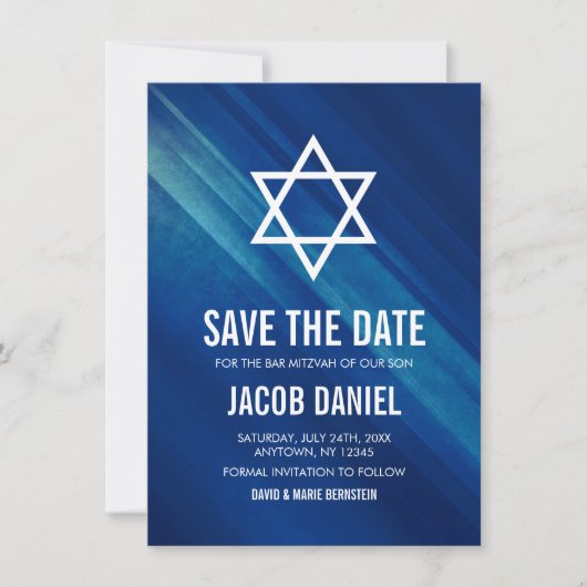 Modern Blue Grunge Bar Mitzvah Save The Date (Voorkant)