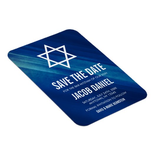 Modern Blue Grunge Bar Mitzvah Save the Date Magneet (Rechterzijde)