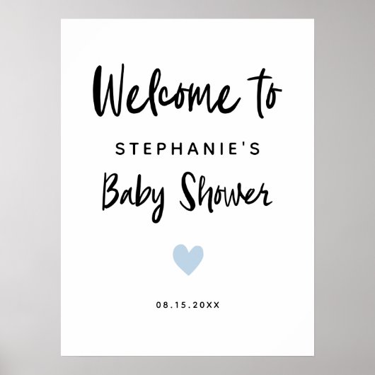 Modern Blue Heart Baby shower Welkomstteken Poster (Voorkant)