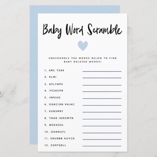 Modern Blue Heart Baby Word Scramble Game (Voorkant / Achterkant)