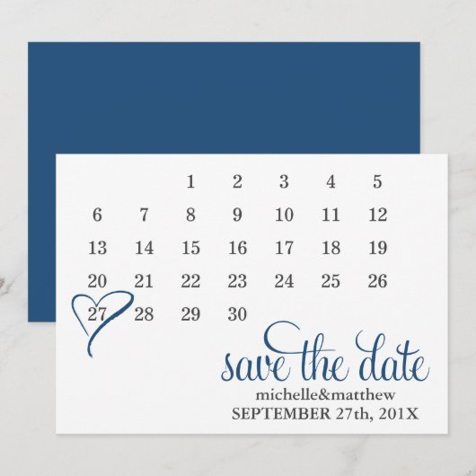 Modern Blue Heart Calendar Wedding Save the Date (Voorkant / Achterkant)