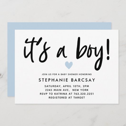 Modern Blue Heart is een Baby shower van een jonge Kaart (Voorkant / Achterkant)