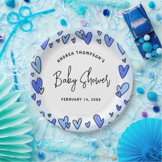 Modern Blue Hearts Valentijn Baby shower Papieren Bordje (Feest)