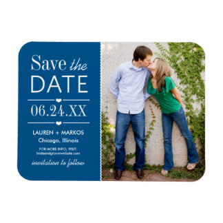 Modern Blue Hearts Wedding Photo Save the Date Magneet
