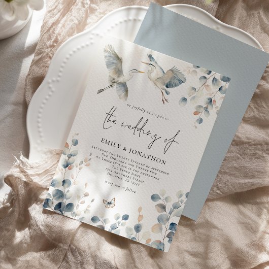 Modern Blue Heron Pastel Foliage Wedding Kaart