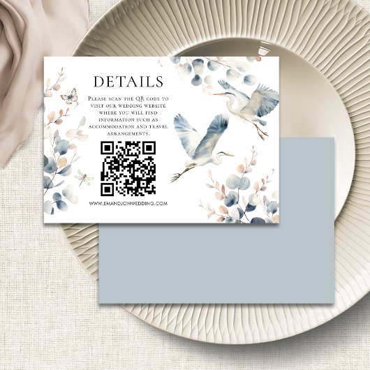 Modern Blue Heron QR-code Trouwdetails Informatiekaartje