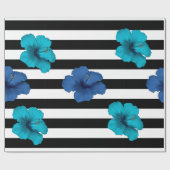 Modern Blue Hibiscus Black White Stripes Cadeaupapier (Vlak)