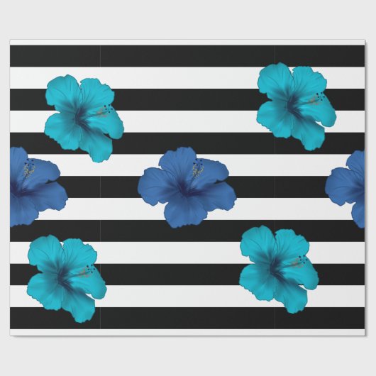 Modern Blue Hibiscus Black White Stripes Cadeaupapier (Vlak)