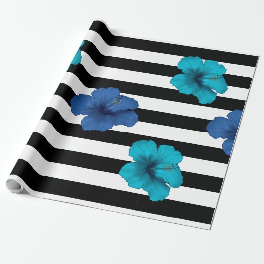 Modern Blue Hibiscus Black White Stripes Cadeaupapier (Uitgerold)