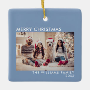 Modern Blue Holiday Photo Merry Kerstry Keramisch Ornament