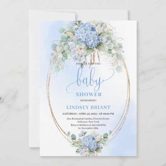 Modern Blue Hydrangea Baby Shower Invitation Kaart (Voorkant)