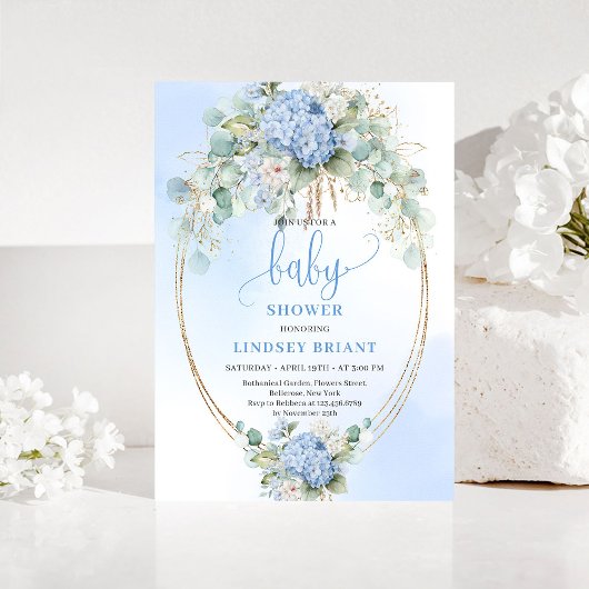 Modern Blue Hydrangea Baby Shower Invitation Kaart